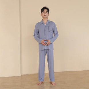 帝日斯诺男士翻领开襟竖条弹力家居服套装