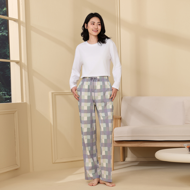 帝日斯诺女全棉抗菌格子家居长裤