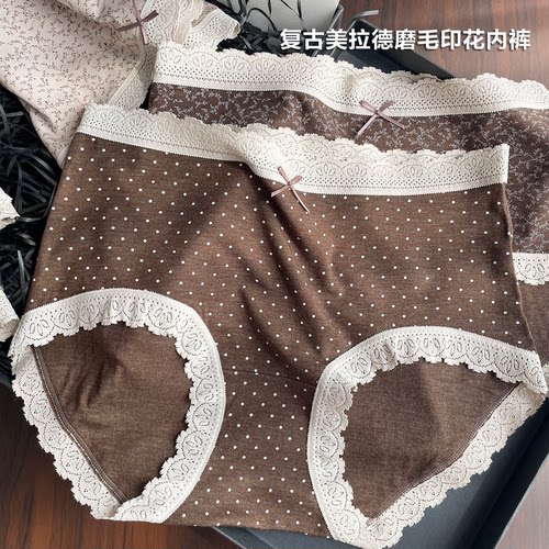 复古咖色系秋冬磨毛蕾丝印花中腰10A蚕丝档少女大码内裤三角裤