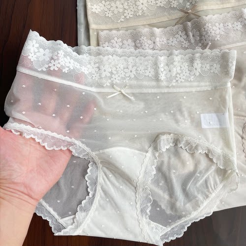 法式纯欲蕾丝内裤女夏轻薄裸感性感半透明纯棉底裆中腰三角短裤