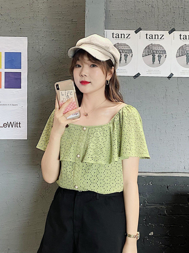Cai Duobao large size women's clothing fat sister 2020 summer new off-shoulder ruffle shirt simple atmosphere slim fit