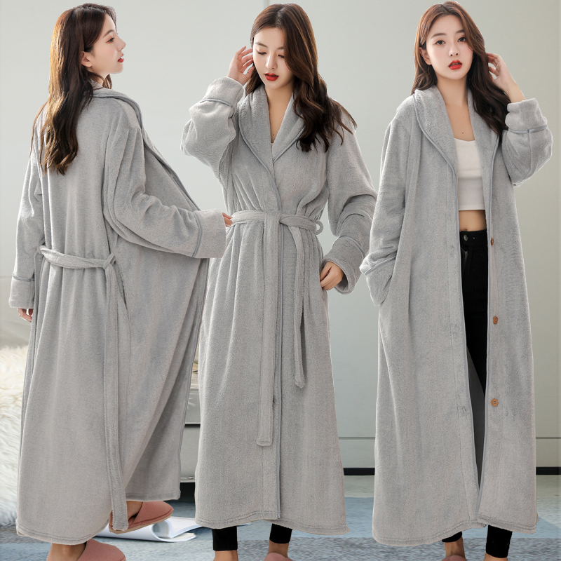 纽扣懒人一体保暖睡衣长外穿睡袍