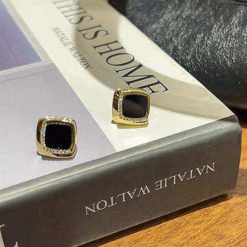 复古黑金撞色几何锆石方块耳钉新款高级女小众简约百搭设计感耳环