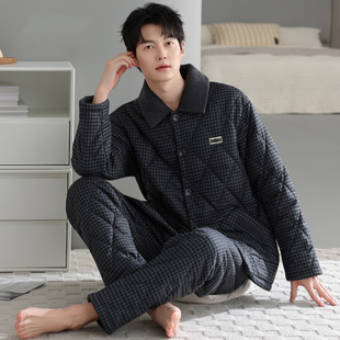 睡衣男款秋冬季三层加厚加绒梭织纯棉夹棉袄冬款珊瑚绒超厚家居服