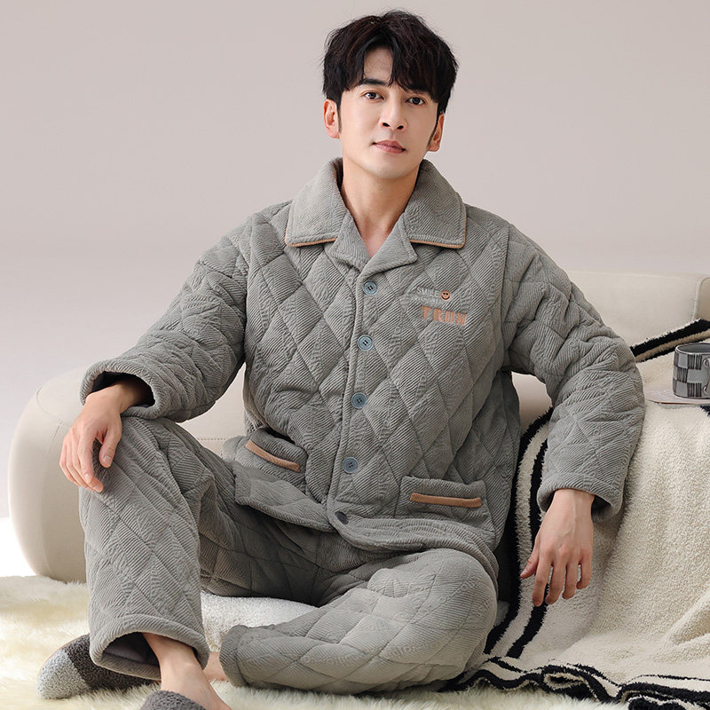 冬季睡衣中老年男款珊瑚绒加绒加厚三层夹棉袄秋冬保暖大码家居服