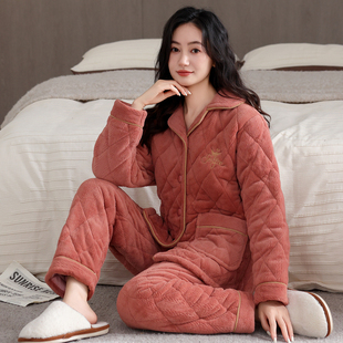 中老年睡衣冬女加厚珊瑚绒加绒三层夹棉保暖冬天两件套家居服套装