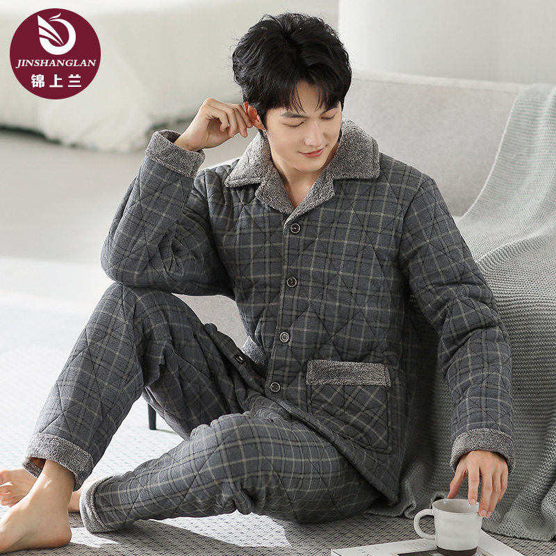 睡衣男士冬季三层加厚加绒纯棉夹棉男款秋冬珊瑚绒棉袄冬款家居服