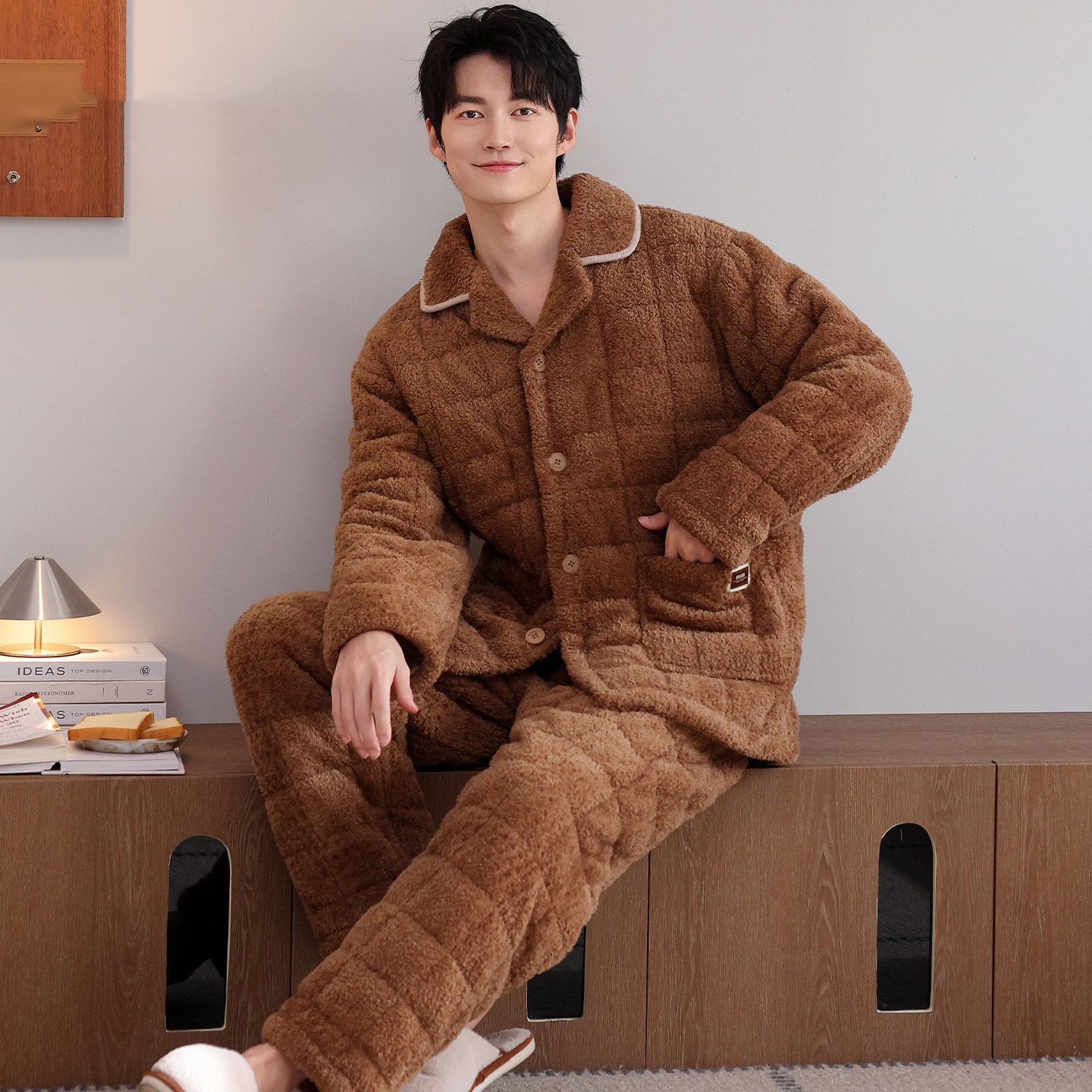 睡衣男士冬季珊瑚绒三层加厚加绒夹棉袄男款秋冬款超厚冬天家居服