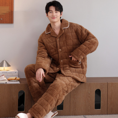 睡衣男士冬季珊瑚绒三层加厚加绒夹棉袄男款秋冬款超厚冬天家居服