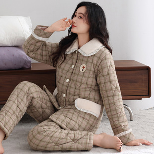 睡衣女冬季三层加厚加绒梭织纯棉夹棉袄秋冬珊瑚绒冬款超厚家居服