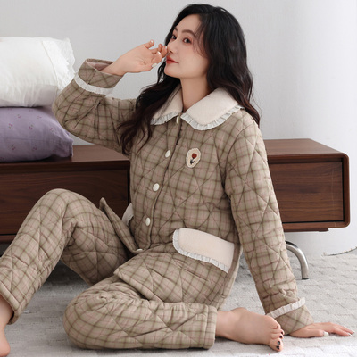 睡衣女冬季三层加厚加绒梭织纯棉夹棉袄秋冬珊瑚绒冬款超厚家居服