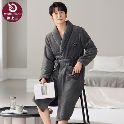男士睡袍秋冬款季珊瑚绒加