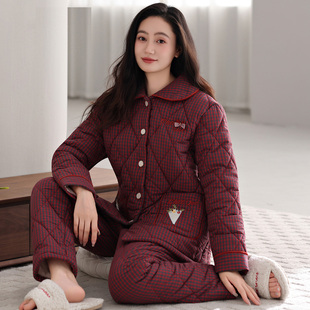 睡衣女冬季三层加厚加绒梭织纯棉夹棉秋冬珊瑚绒中老年妈妈家居服