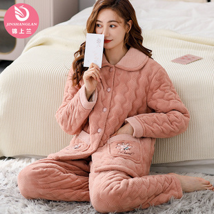睡衣女款冬季加厚加绒珊瑚绒超厚三层保暖夹棉棉袄冬款家居服套装