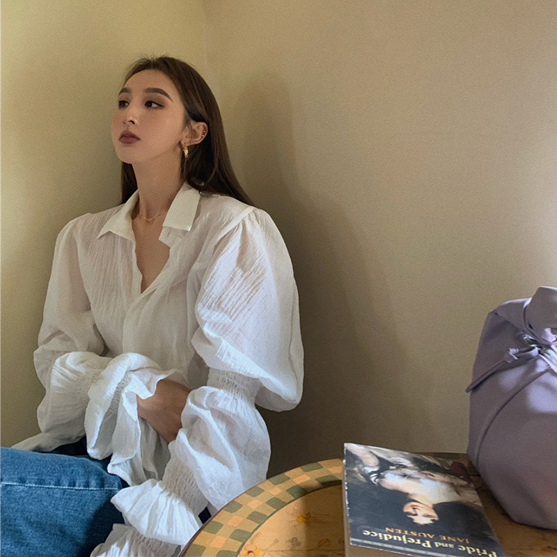 Sunscreen shirt thin design sense of minority Korean Style Lantern Sleeve loose summer medium long white Long Sleeve Blouse women