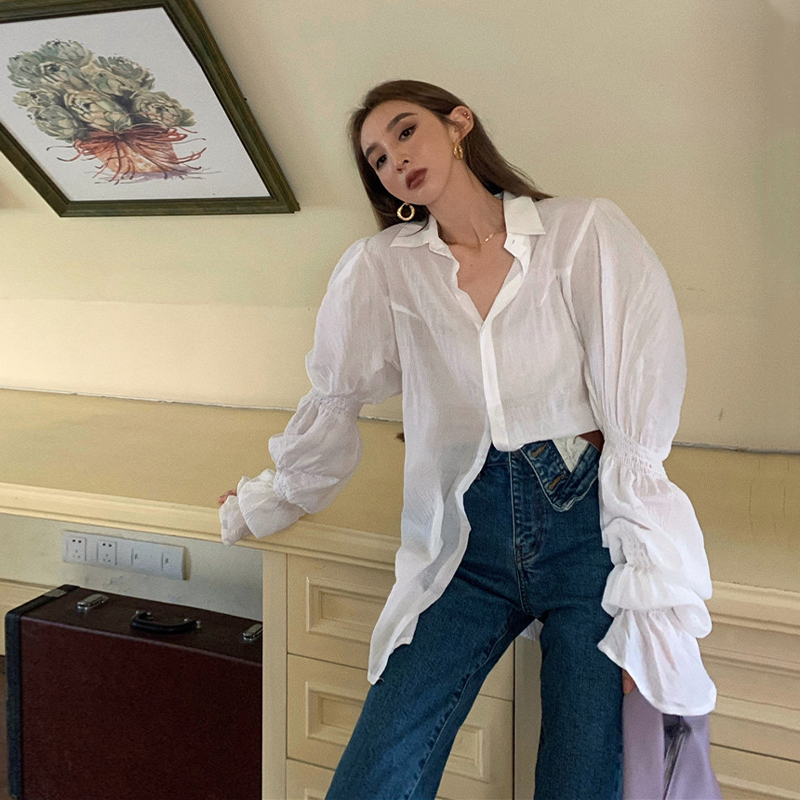 Sunscreen shirt thin design sense of minority Korean Style Lantern Sleeve loose summer medium long white Long Sleeve Blouse women