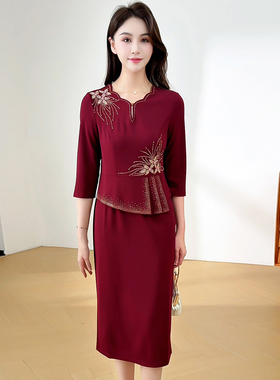 红色高端婚宴礼服连衣裙2025春秋新款气质减龄喜妈妈遮肚显瘦裙子