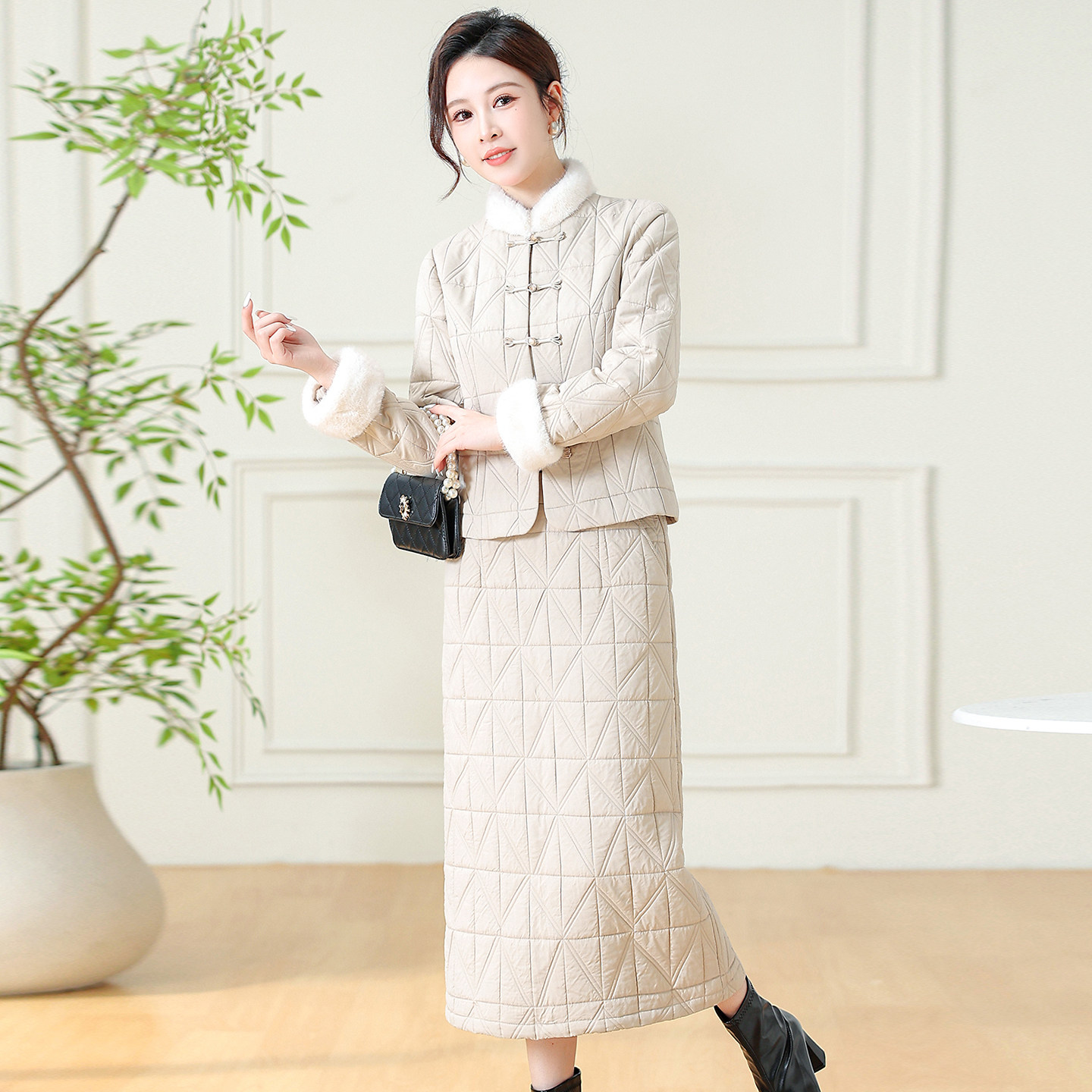 淑女风夹棉加厚两件套女2025秋冬新款修身通勤套装洋气时尚减龄潮