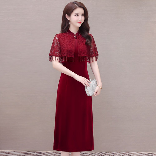 红色喜庆旗袍礼服显瘦妈妈夏装