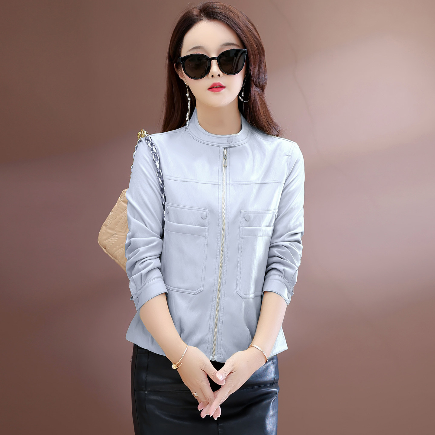 2026春季新款立领pu皮衣女宽松短款水洗皮机车夹克休闲外套秋潮