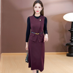 小香风两件套装女春秋季修身显瘦腰带收腰拼接优雅马甲连衣裙套装