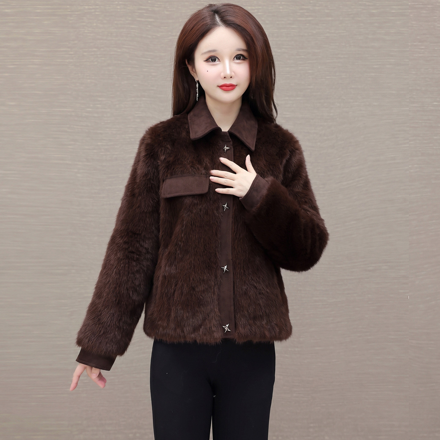 仿水貂绒秋冬百搭显瘦短外套女