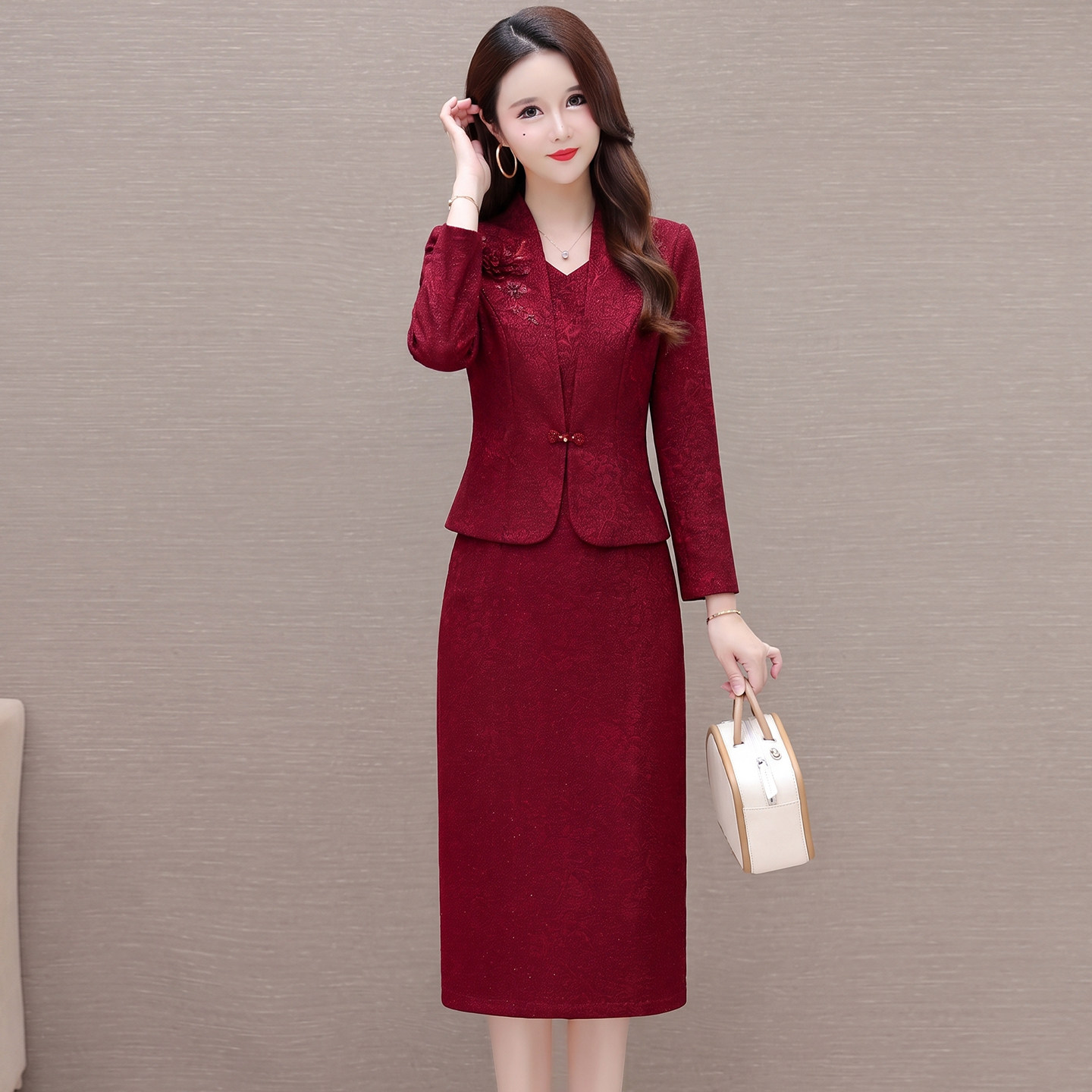 红色修身显瘦礼服两件套女春秋