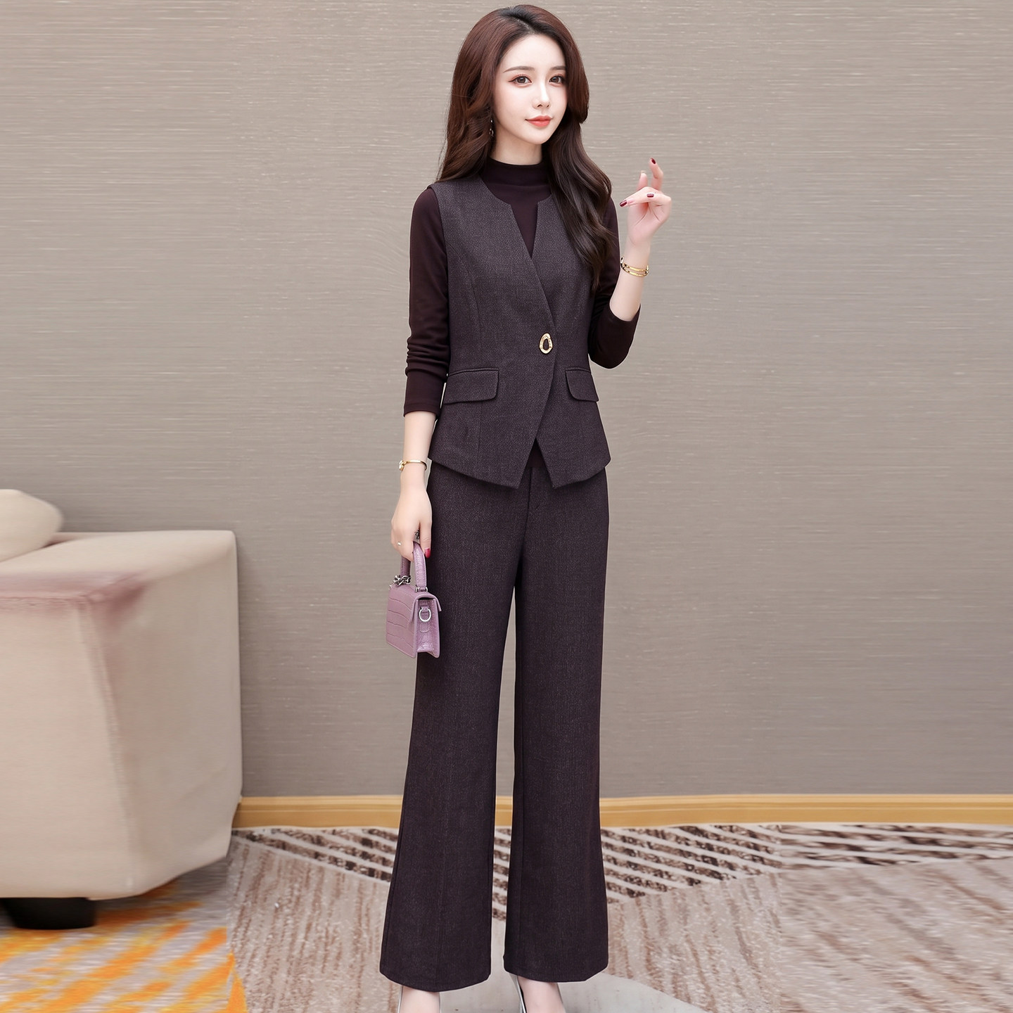 优雅风减龄显瘦马甲三件套裤女