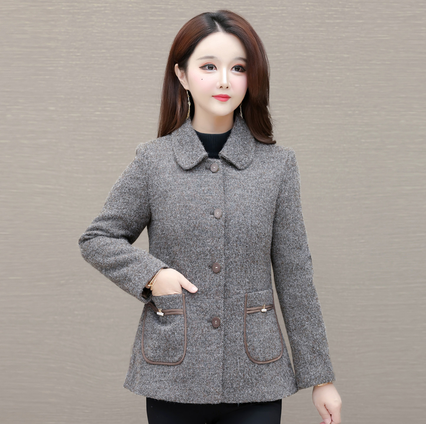 淑女风仿貂绒毛呢外套女短款单排扣妈妈装洋气保暖夹棉加厚大衣