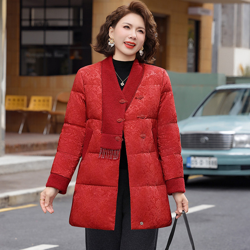 新中式红色羽绒服女中长款立领保暖加厚外套妈妈装秋冬过年穿搭潮