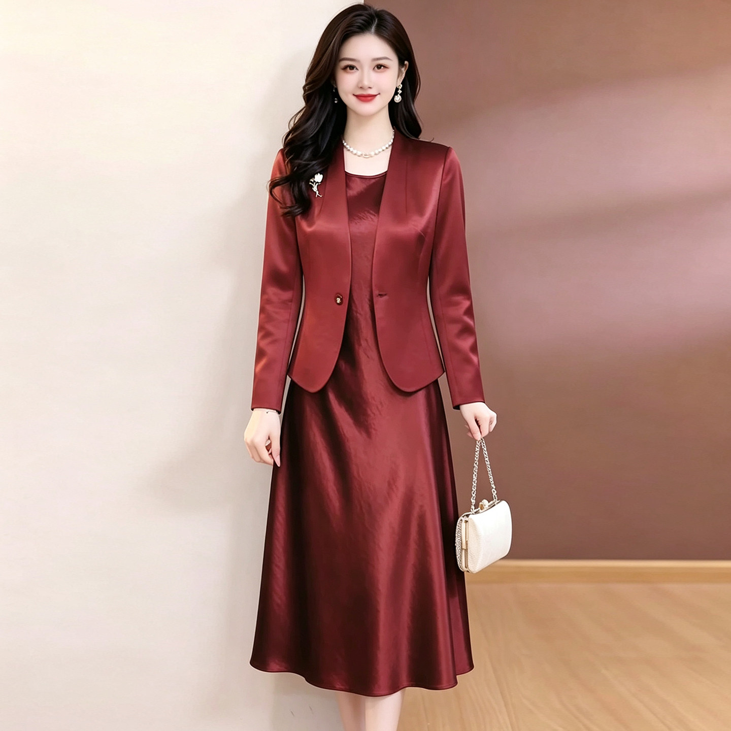 春秋新款修身显瘦妈妈礼服两件套