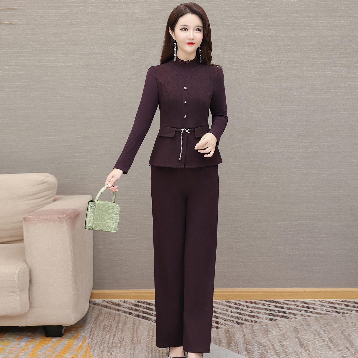 优雅风减龄显瘦直筒裤两件套女