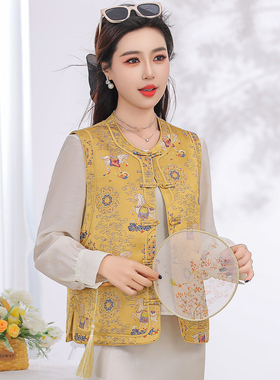 新中式风圆领黄色马甲女短款显瘦百搭中式古风背心2026春秋季潮