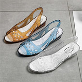 网红公主水晶鞋 平底妈妈鞋 女透明果冻鱼嘴低跟凉鞋 塑胶一体舞蹈鞋