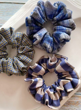 原创手作新款格纹蓝色大肠发圈休闲百搭进口面料丸子头发量少小号