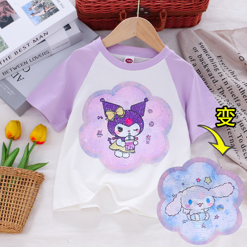 女童纯棉卡通变色亮片T恤