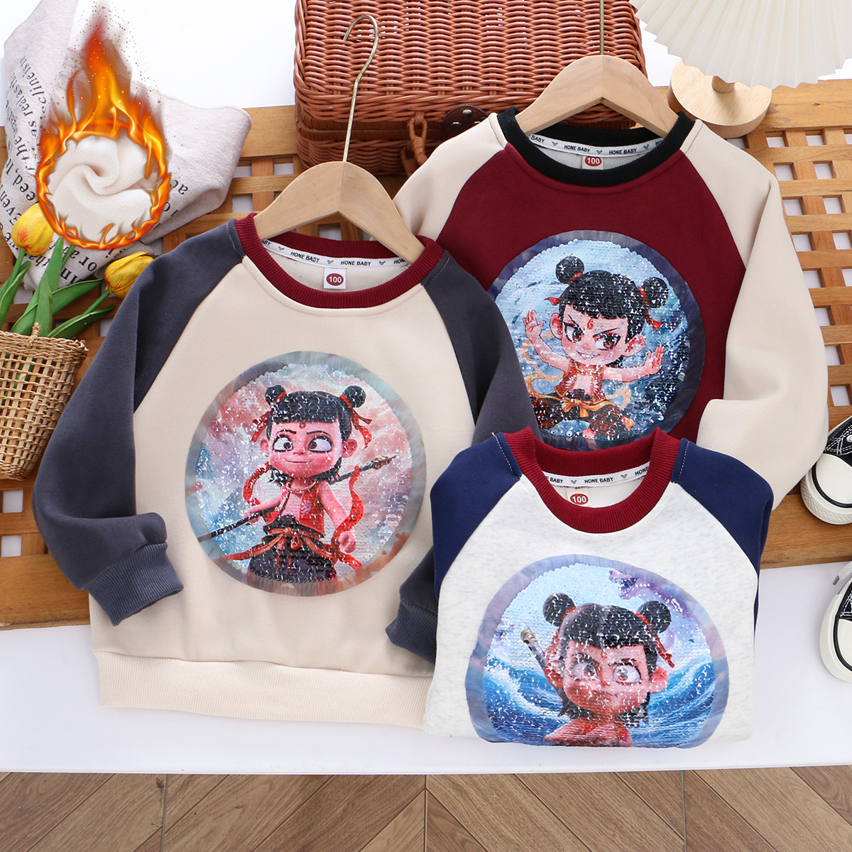 男童纯棉一体加绒变色亮片哪吒敖丙卫衣25冬儿童装小男孩加厚上衣