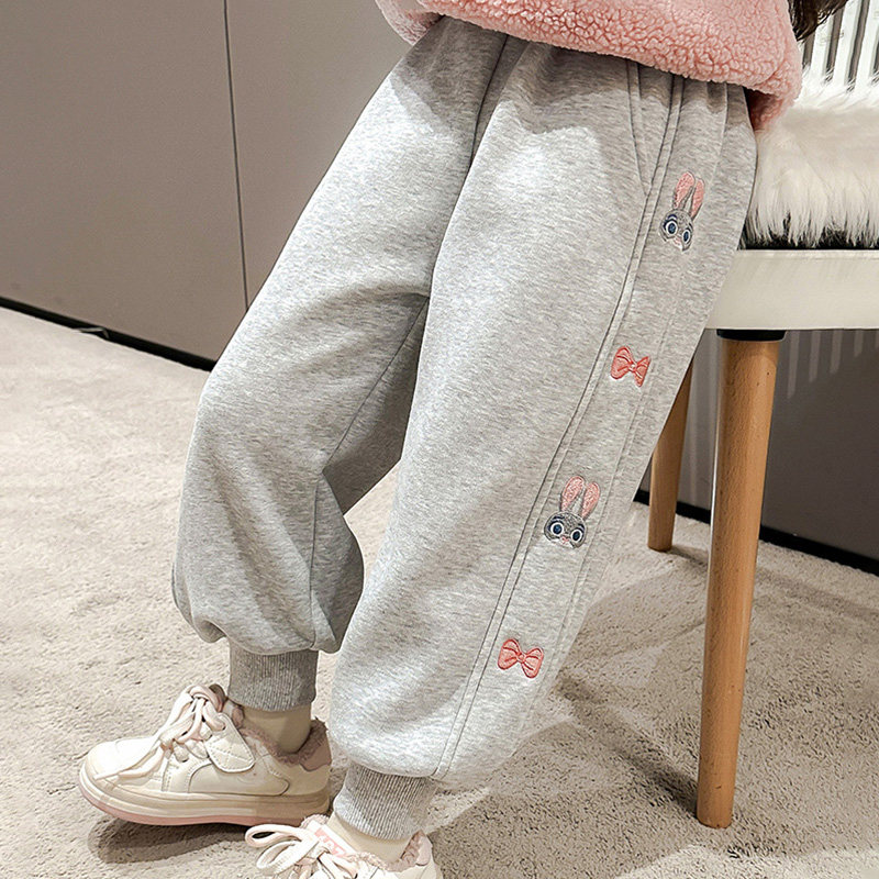 女童纯棉一体加绒休闲运动裤冬儿童装兔子卫裤宝宝加厚束脚长裤子