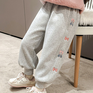 女童纯棉一体加绒休闲运动裤冬儿童装兔子卫裤宝宝加厚束脚长裤子