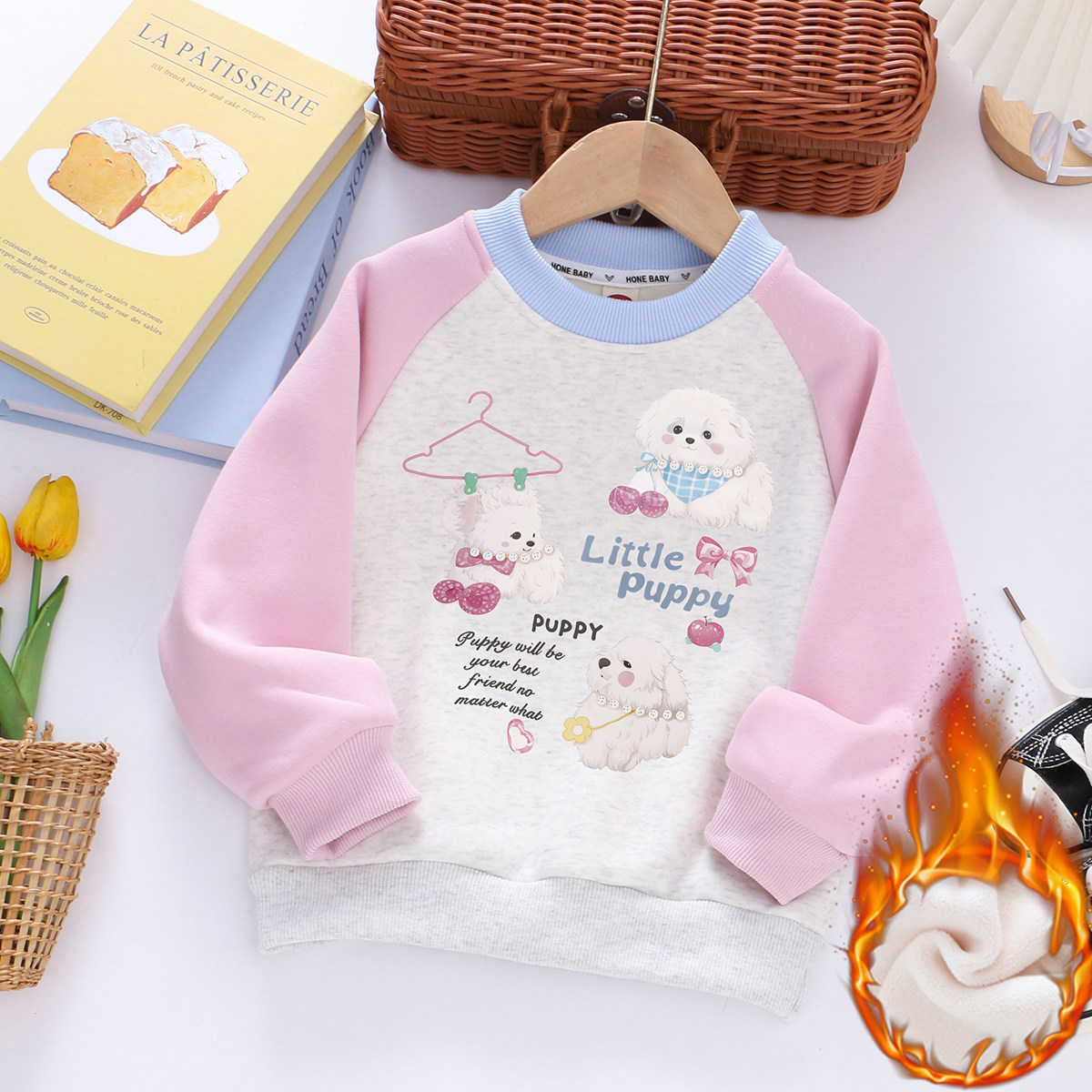 女童纯棉一体加绒插肩袖卫衣秋冬儿童装小女孩女宝宝加厚保暖上衣