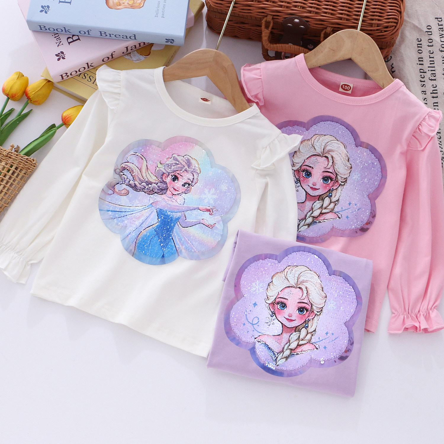 女童纯棉变色亮片爱莎长袖t恤 26春秋季儿童装小女孩宝宝变脸上衣