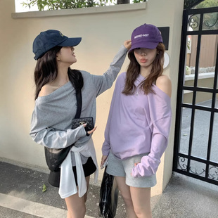 Gary LIMON柠檬绿茶小心机慵懒风斜肩露肩条纹T恤女宽松 宝藏THE