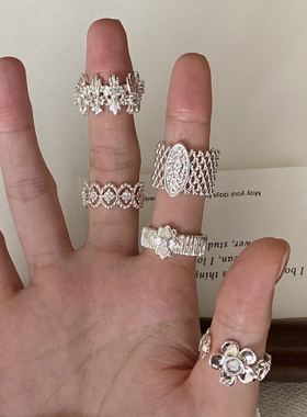 陌然法式复古镂空蕾丝花朵戒指女冷淡风银饰小众轻奢织纹宽面食指