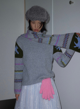 UNITY MODE 费尔岛绵羊毛拼接针织毛衣女冬半高领内搭上衣251527