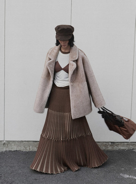 UNITY MODE 复古风针织条纹加厚百褶半身裙女秋冬大裙摆拖地长裙