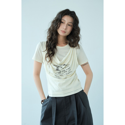 Gary的宝藏NEIHE内赫2026年棉麻天丝荡领印花正肩短袖T恤女夏季