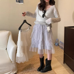 gary limon柠檬绿茶叠穿时髦感立体网纱蓬蓬蛋糕裙a字 宝藏the