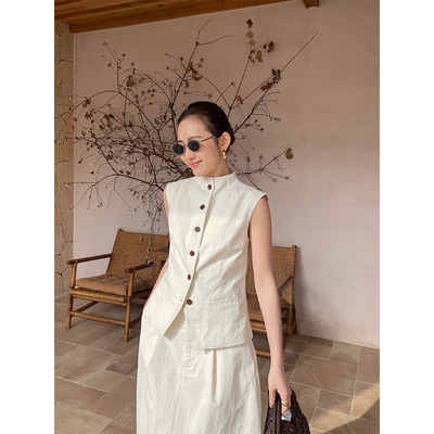 Gary的宝藏万为 老钱风无袖上衣女2026春季新款立领单排扣收腰