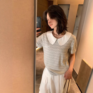 韩系复古风条纹百搭显瘦娃娃领短袖 Gary 宝藏Hers一勺甜2026夏季
