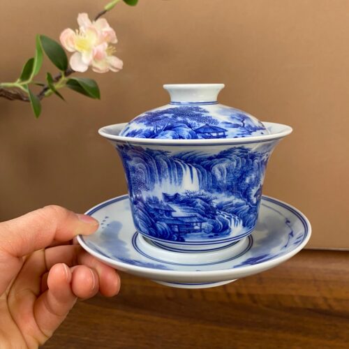 【九茗柴窑】蔡琴精工山水三才马蹄盖碗 手工景德镇茶具容量180cc
